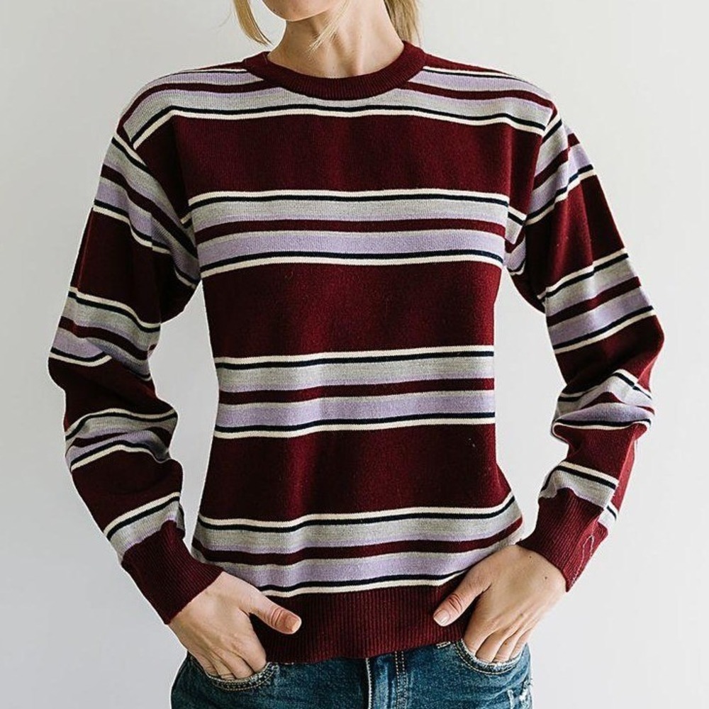 Bohme Ximena Striped Crewneck Sweater Womens XL Burgundy Lavender Long Sleeve‎